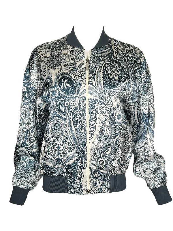 Women's Jacquard Bomber Jacket In Blue Zippered Front Buttoned Front Snap Front