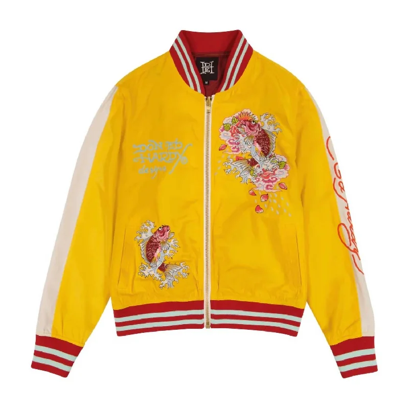 Women's Koi Cranes Souvenir Jacket In Gold White Print Jacket Jacquard Jacket Embroidered Jacket