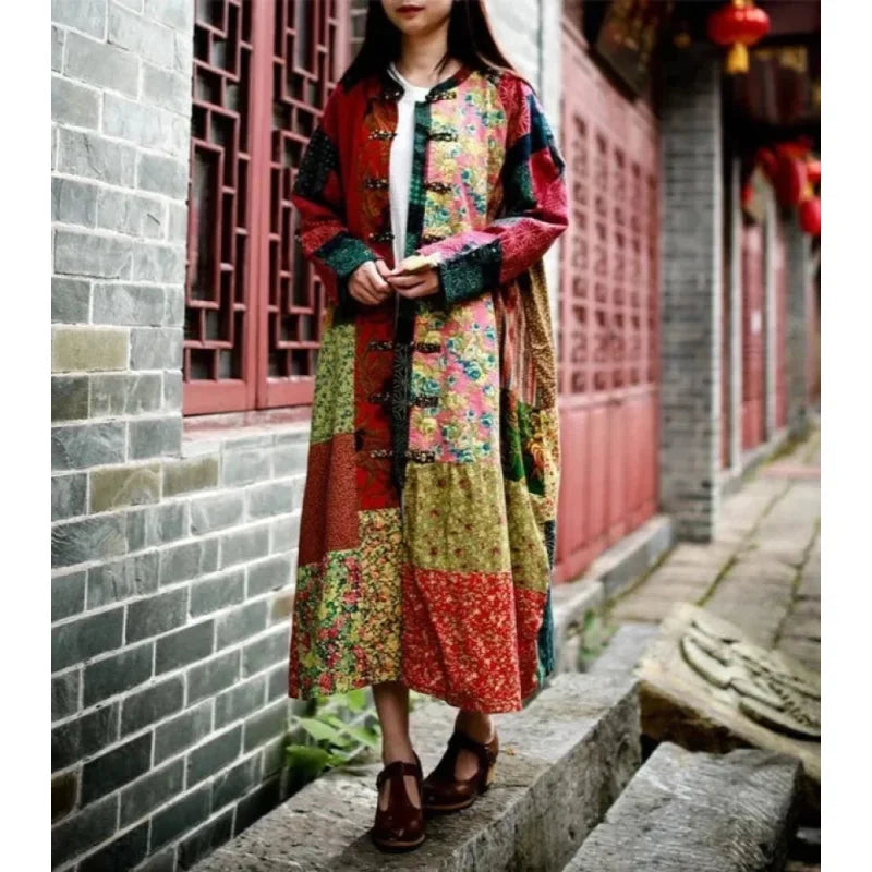 Women's Vintage Cotton Linen Flower Chinese Style Long Sleeve Mid-calf Coat Nylon Jacket Polyester Jacket Spandex Jacket