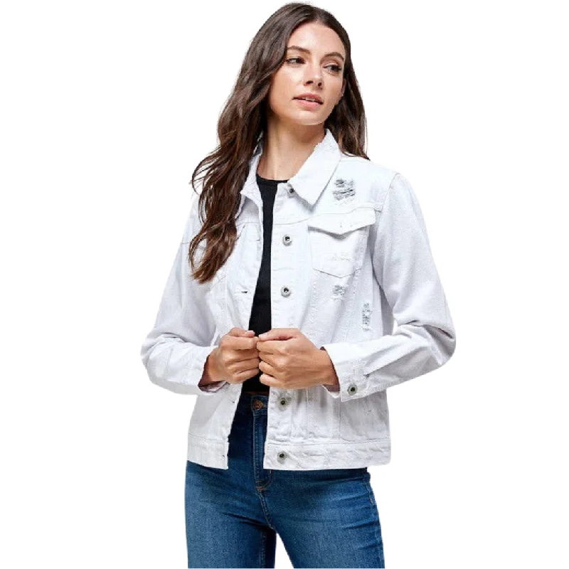 Women's White Distressed Denim Jacket Ultra-Light Down Coat