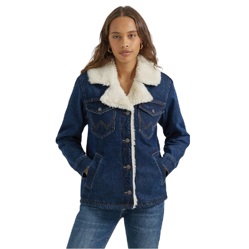 Women's Wrangler Retro® Sherpa Lined Denim Jacket - Dark Blue 112353137 Casual Open-Front Coat