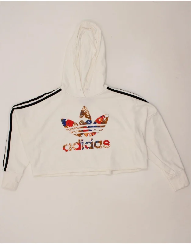 ADIDAS Womens Oversized Graphic Crop Hoodie Jumper UK 8 Small White Cotton Hoodie with Embroidery Detailed Premium