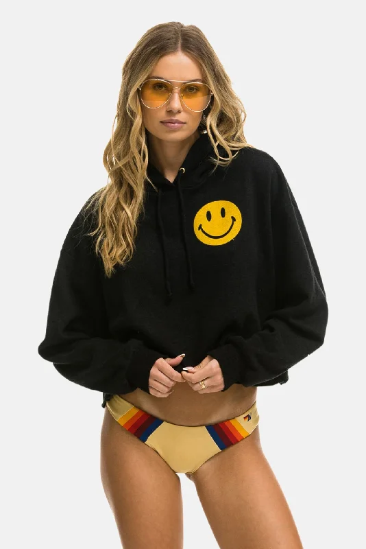 Smiley 2 Relaxed Crop Hoodie Black Hoodie with Hood Adjustable Protection