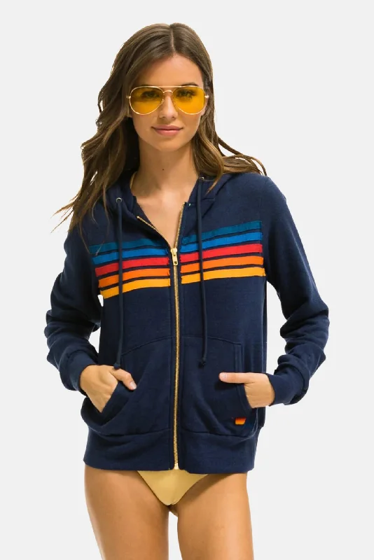 Women's 5 Stripe Zip Hoodie Navy Hoodie with Drawstring Waist Adjustable Fitted