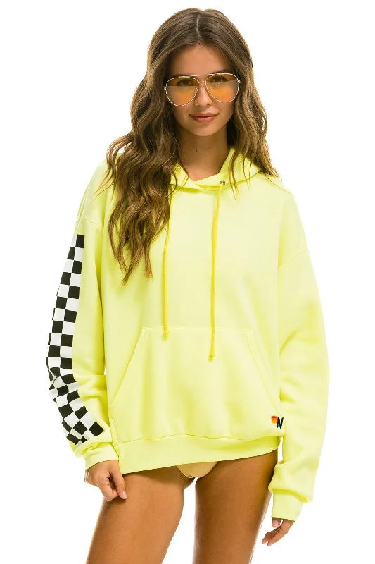 Women's Relaxed Check Sleeve Hoodie Neon Yellow Hoodie with V-Neck Classic Versatile