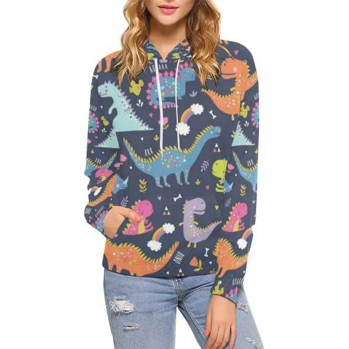 Cartoon Dino Dinosaur Pattern Print Women Pullover Hoodie Hoodie with Ribbed Hem Stretchable Secure