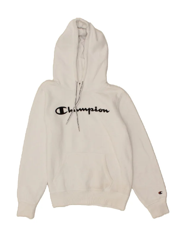 CHAMPION Womens Graphic Hoodie Jumper UK 14 Medium White Cotton Hoodie with Set-In Sleeves Structured Classic