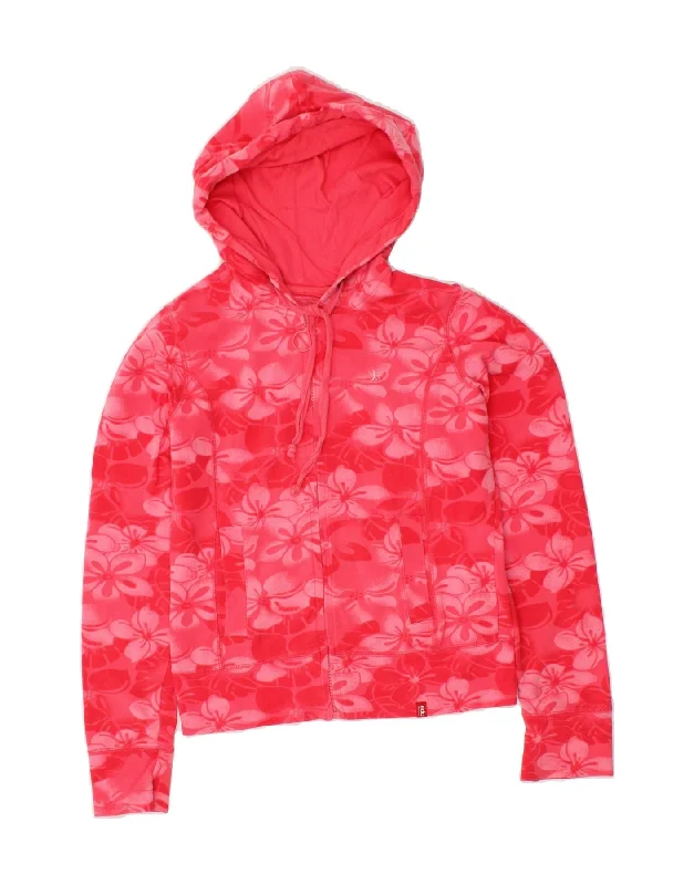 EDC Womens Zip Hoodie Sweater UK 10 Small Pink Floral Cotton Hoodie with Patch Decorative Personalized