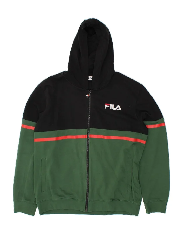 FILA Mens Zip Hoodie Sweater XL Green Colourblock Cotton Hoodie with Raw Hem Edgy Unfinished