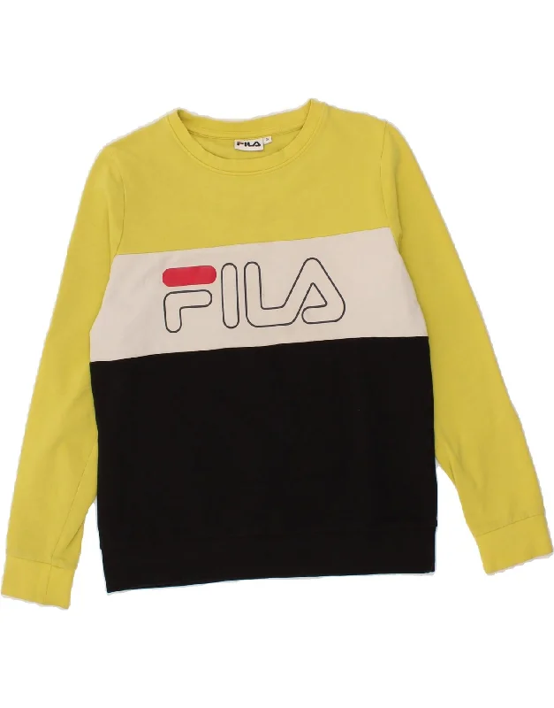 FILA Womens Graphic Sweatshirt Jumper UK 10 Small Multicoloured Hoodie with Thumb Holes Functional Cozy