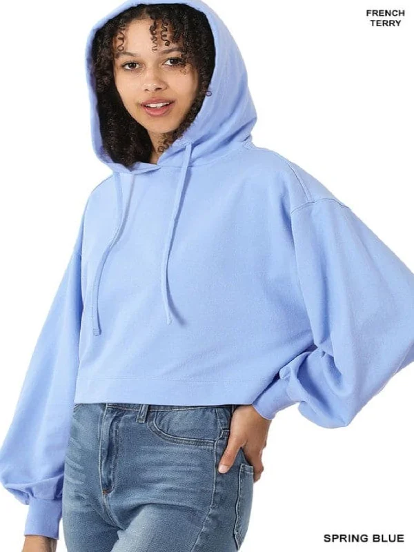 French Terry Drop Shoulder Cropped Hoodie Hoodie with Double Zipper Versatile Adjustable