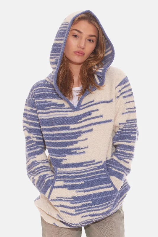 Women's Baja Slit Neck Hoodie White/Blue Hoodie with Lining Warm Insulated