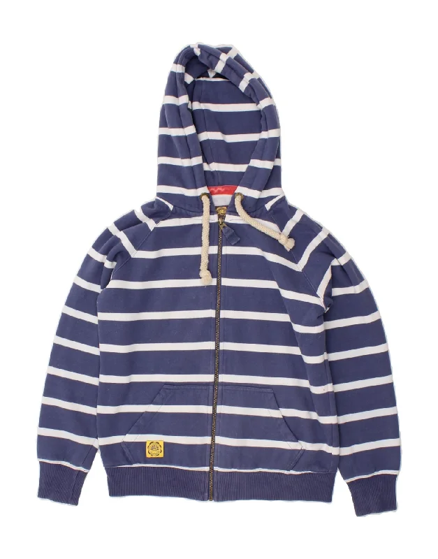 JOULES Womens Zip Hoodie Sweater UK 14 Medium Navy Blue Striped Cotton Hoodie with Zipper Versatile Modern