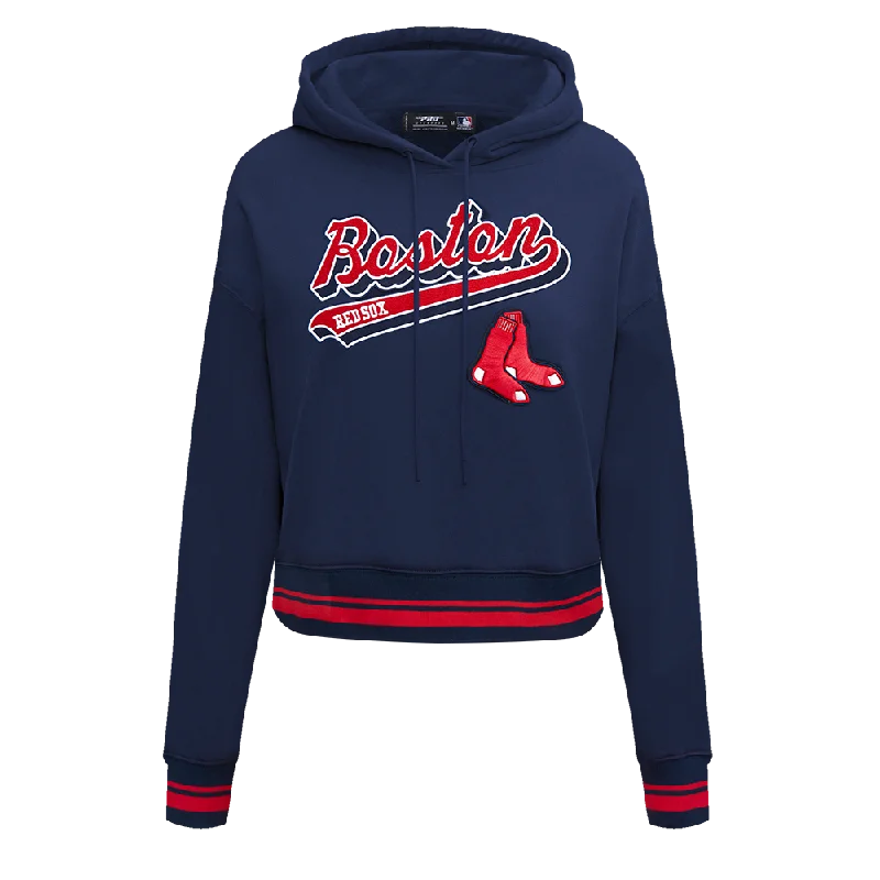 MLB BOSTON RED SOX SCRIPT TAIL WOMEN'S RIB FLC CROPPED PO HOODIE (MIDNIGHT NAVY/RED/MIDNIGHT NAVY) Hoodie with Drawcord Adjustable Secure