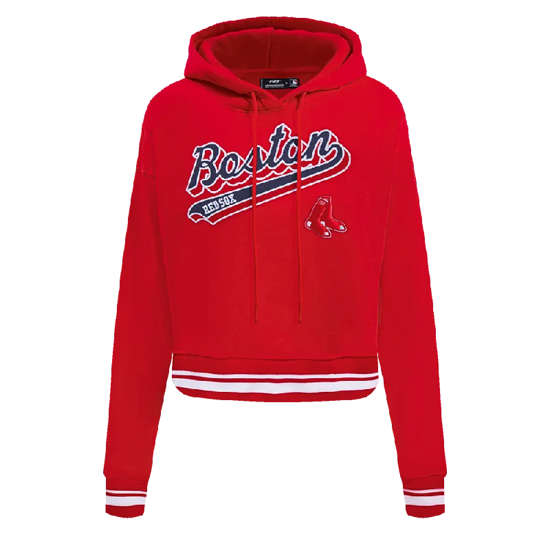 MLB BOSTON RED SOX SCRIPT TAIL WOMEN'S RIB FLC CROPPED PO HOODIE (RED) Hoodie with Metallic Shiny Futuristic