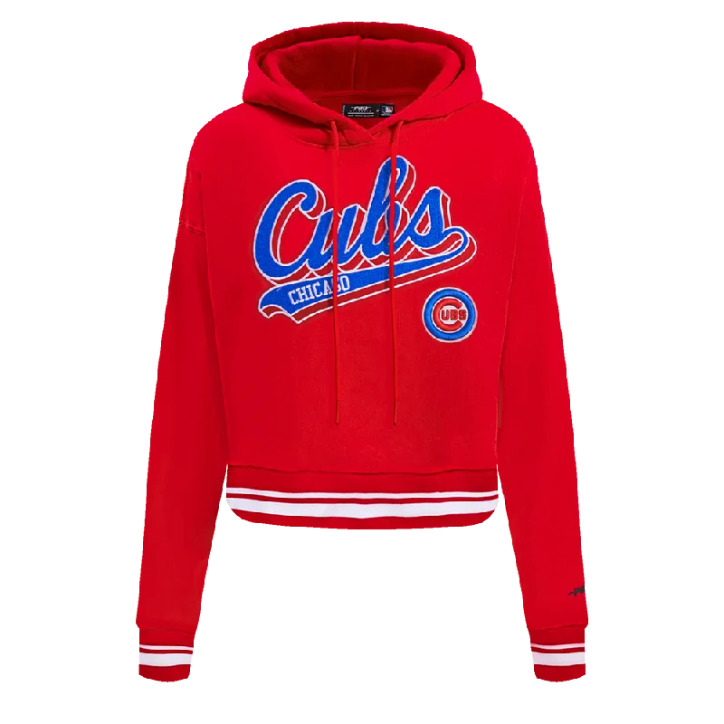 MLB CHICAGO CUBS SCRIPT TAIL WOMEN'S RIB FLC CROPPED PO HOODIE (RED) Hoodie with Logo Branding Identity