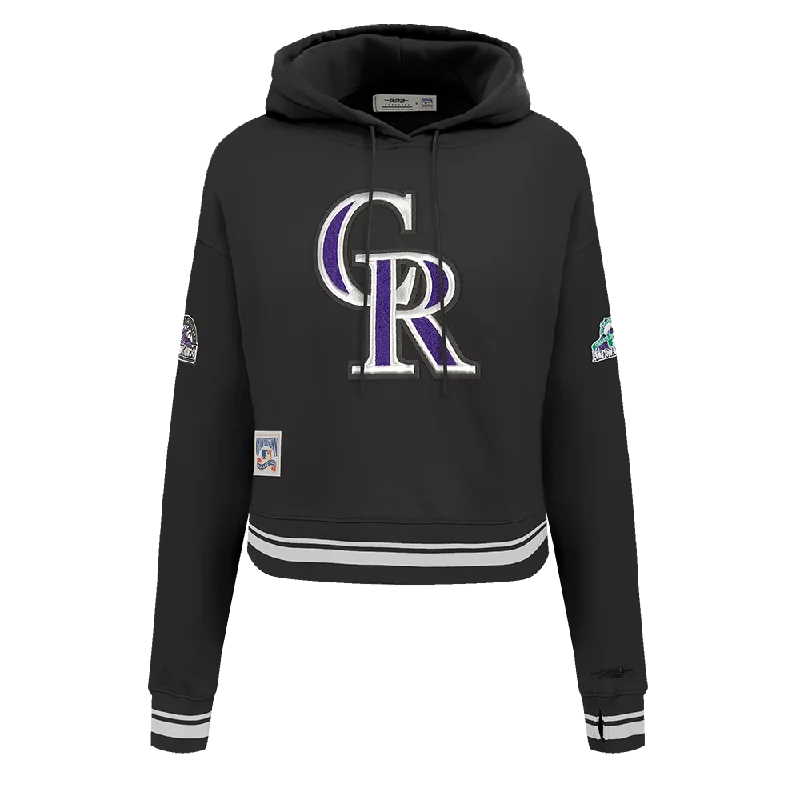 MLB COLORADO ROCKIES RETRO CLASSIC WOMEN'S RIB CROPPED PO HOODIE (BLACK) Hoodie with Rolled Sleeves Casual Relaxed