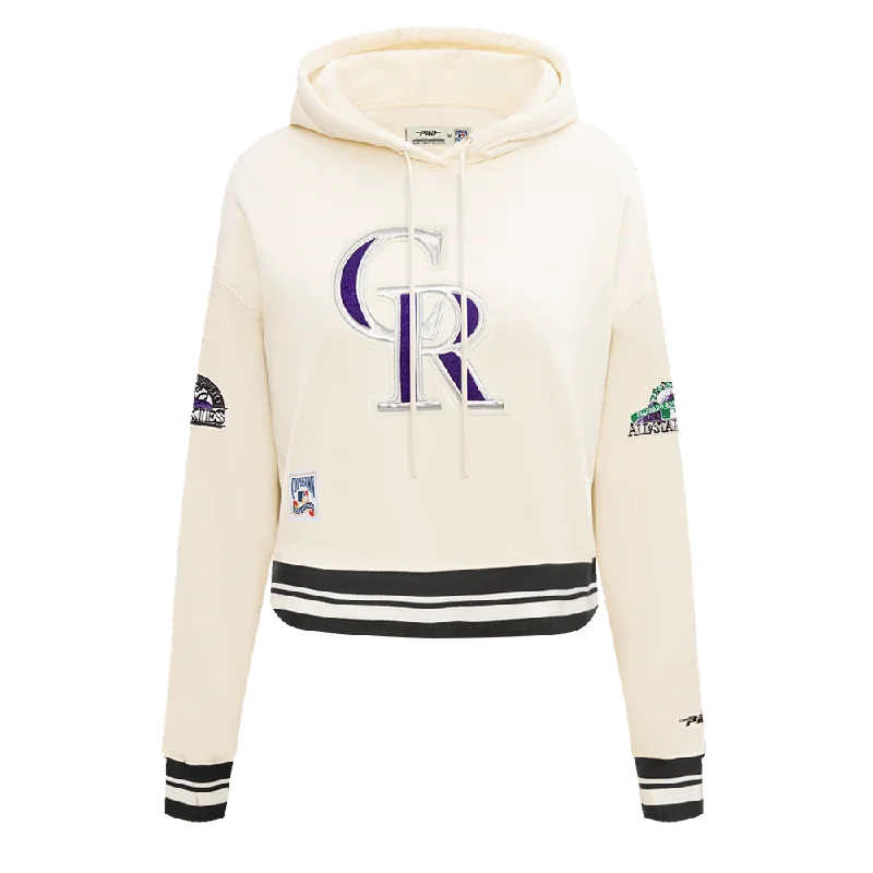 MLB COLORADO ROCKIES RETRO CLASSIC WOMEN'S RIB CROPPED PO HOODIE (EGGSHELL/ BLACK) Hoodie with Raw Hem Edgy Unfinished