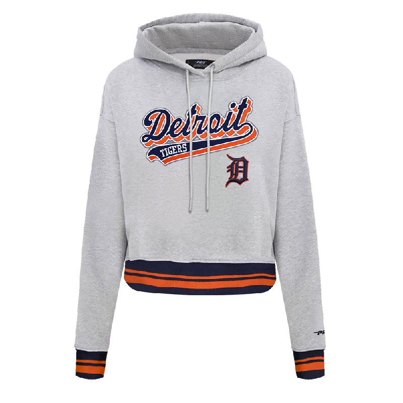 MLB DETROIT TIGERS SCRIPT TAIL WOMEN'S RIB FLC CROPPED PO HOODIE (HEATHER GREY/MIDNIGHT NAVY/ORANGE) Hoodie with Back Slit Movement Comfort