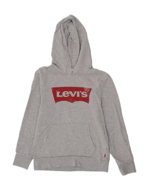 LEVI'S Boys Graphic Hoodie Jumper 13-14 Years Small Grey Cotton Hoodie with Hem Applique Textured Unique