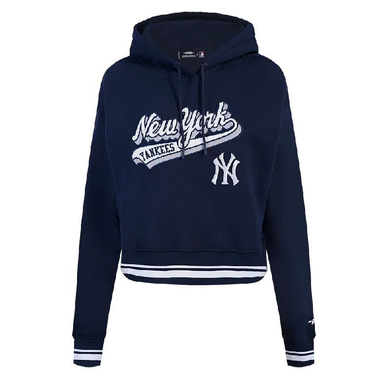 MLB NEW YORK YANKEES SCRIPT TAIL WOMEN'S RIB FLC CROPPED PO HOODIE (MIDNIGHT NAVY) Hoodie with Ribbed Neckline Snug Warm