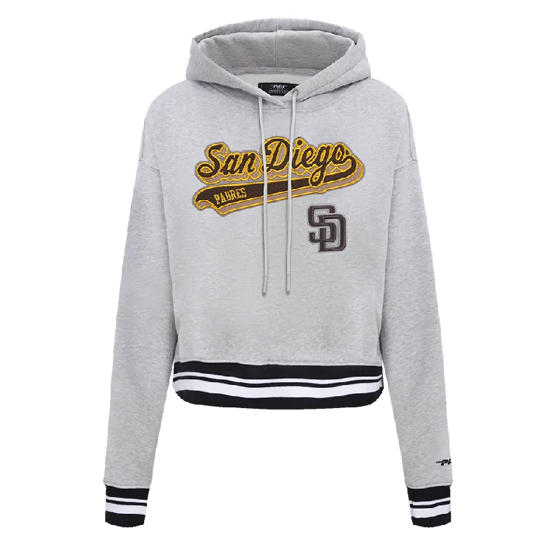 MLB SAN DIEGO PADRES SCRIPT TAIL WOMEN'S RIB FLC CROPPED PO HOODIE (HEATHER GRAY/BLACK) Hoodie with Contrast Stitching Detailed Premium