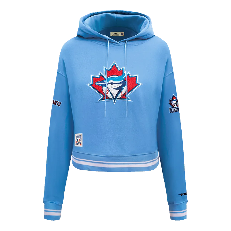 MLB TORONTO BLUE JAYS RETRO CLASSIC WOMEN'S RIB CROPPED PO HOODIE (UNIVERSITY BLUE) Hoodie with Hem Fringe Bohemian Relaxed