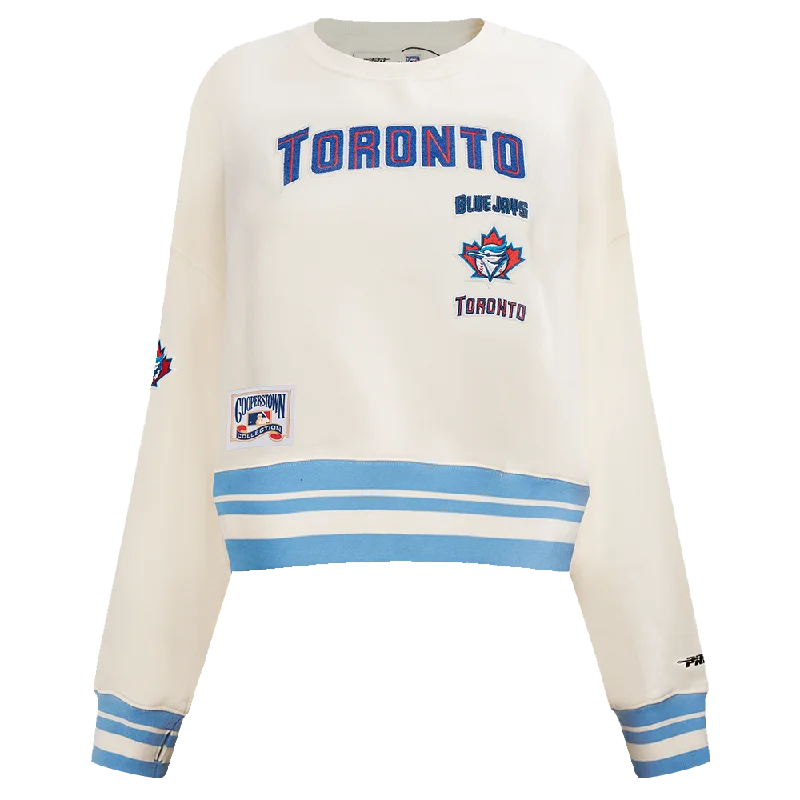 MLB TORONTO BLUE JAYS RETRO CLASSIC WOMEN'S RIB CREWNECK (EGGSHELL/ UNIVERSITY BLUE) Hoodie with Snap Buttons Easy Quick