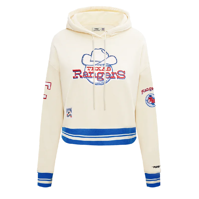 MLB TEXAS RANGERS RETRO CLASSIC WOMEN'S RIB CROPPED PO HOODIE (EGGSHELL/ROYAL BLUE) Hoodie with Elastic Cuffs Stretchable Comfortable