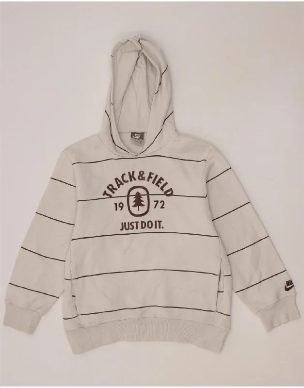 NIKE Boys Graphic Hoodie Jumper 10-11 Years Medium White Striped Cotton Hoodie with Drawstring Waist Adjustable Fitted