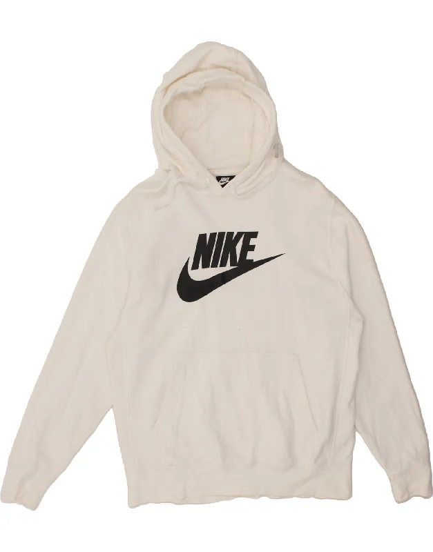 NIKE Mens Graphic Hoodie Jumper Large White Cotton Hoodie with High Neck Warm Protective