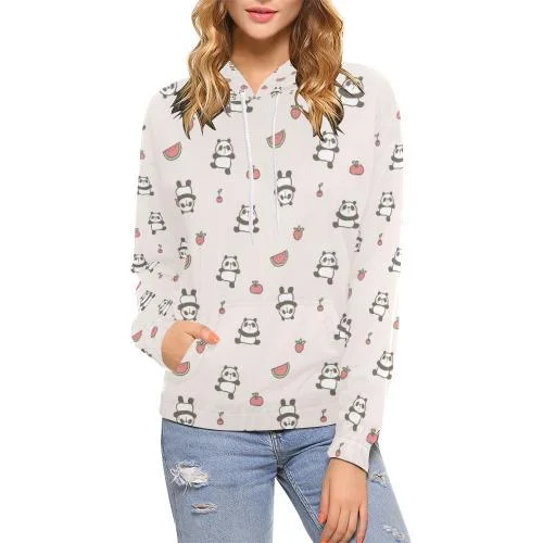 Panda Fruit Pattern Print Women Pullover Hoodie Hoodie with Hem Embroidery Detailed Premium