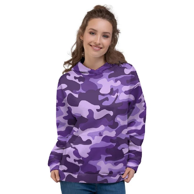 Purple Camo Print Women's Hoodie Hoodie with Hem Elastic Stretchable Comfortable