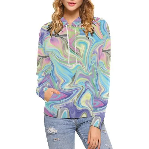 Rainbow Marble Pattern Print Women Pullover Hoodie Hoodie Crop Top Short Trendy