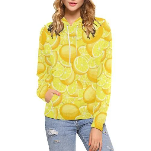 Slice Lemon Pattern Print Women Pullover Hoodie Hoodie with Metallic Shiny Futuristic