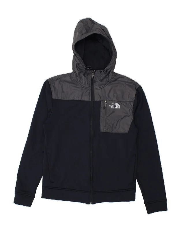 THE NORTH FACE Mens Zip Hoodie Sweater Small Navy Blue Colourblock Hoodie with Frayed Bohemian Relaxed