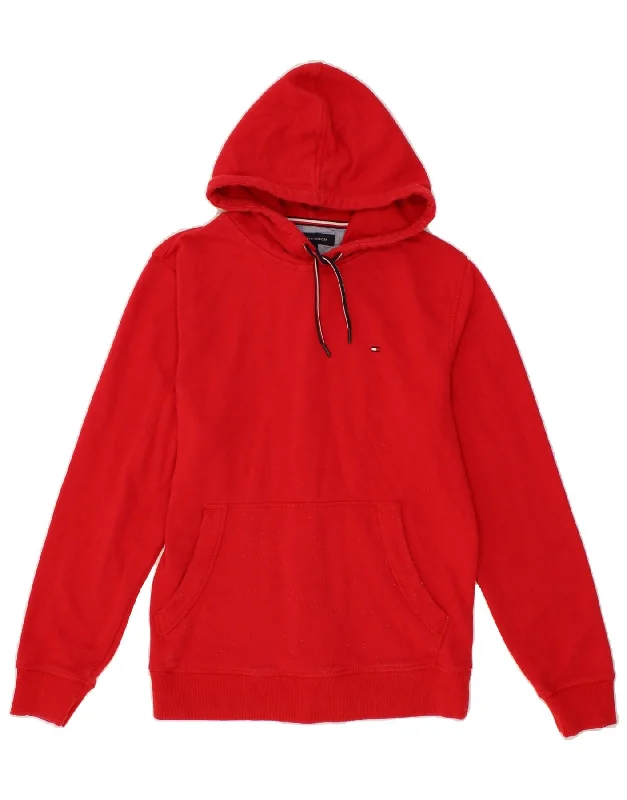 TOMMY HILFIGER Womens Hoodie Jumper UK 14 Medium Red Cotton Hoodie with Rolled Sleeves Casual Relaxed