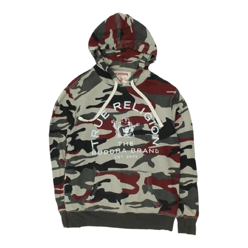 True Religion Mens Red Grey Camo Hoodie | Vintage Designer Streetwear Hoody Hoodie with Button Placket Classic Preppy