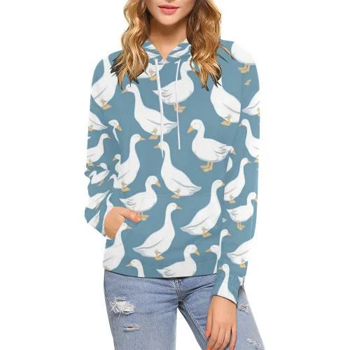 White Mallard Duck Pattern Print Women Pullover Hoodie Hoodie with Lining Warm Insulated