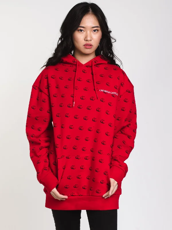 WOMENS C&C ALL OVER PRINT HOODIE FLEECE - RED - CLEARANCE Hoodie with Zipper Placket Modern Functional