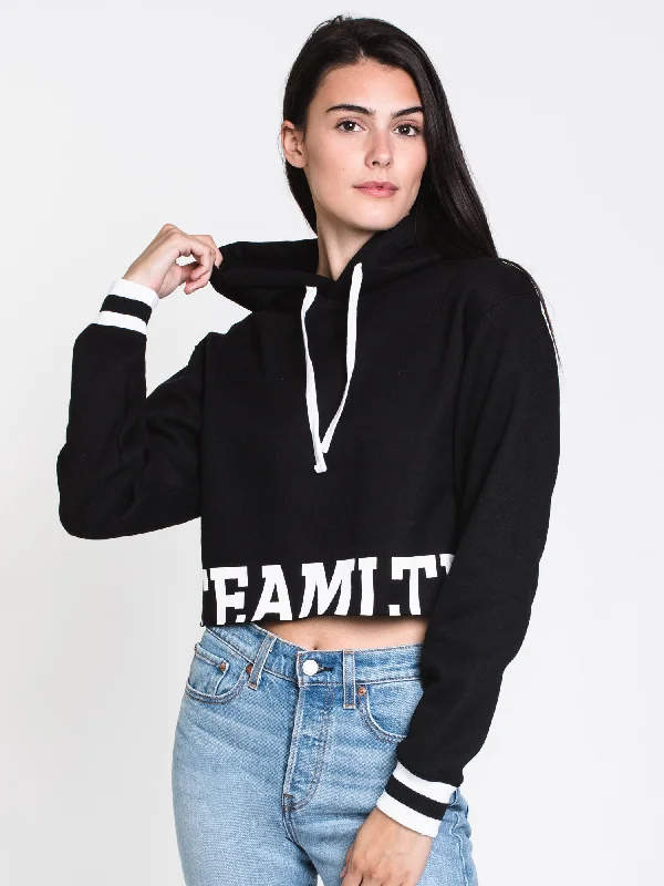 WOMENS VARSITY CROP HOODIE - BLACK - CLEARANCE Hoodie with Batwing Sleeves Loose Dramatic