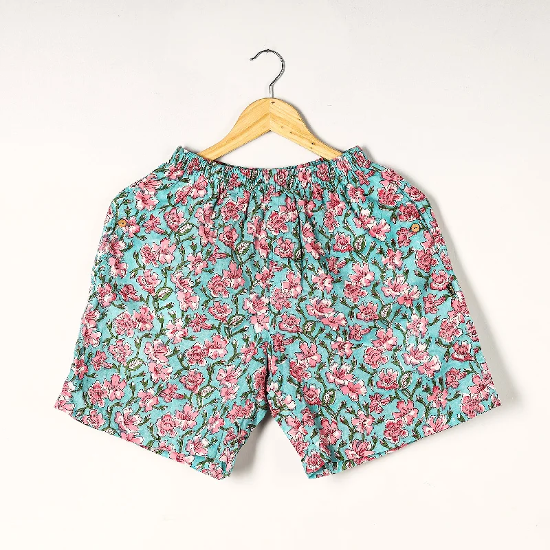 Green - Sanganeri Block Printed Cotton Unisex Boxer/Shorts Cropped Lounge Shorts