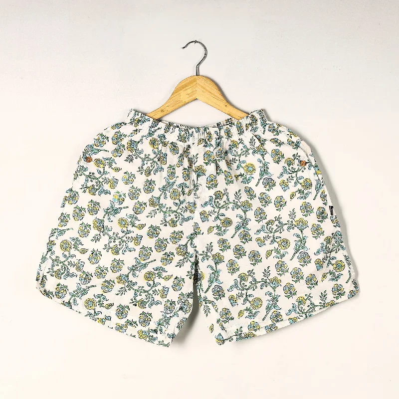 White - Sanganeri Block Printed Cotton Unisex Boxer/Shorts Ripped Jean Shorts