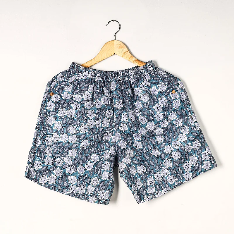 Blue - Sanganeri Block Printed Cotton Unisex Boxer/Shorts Distressed Cutoff Shorts