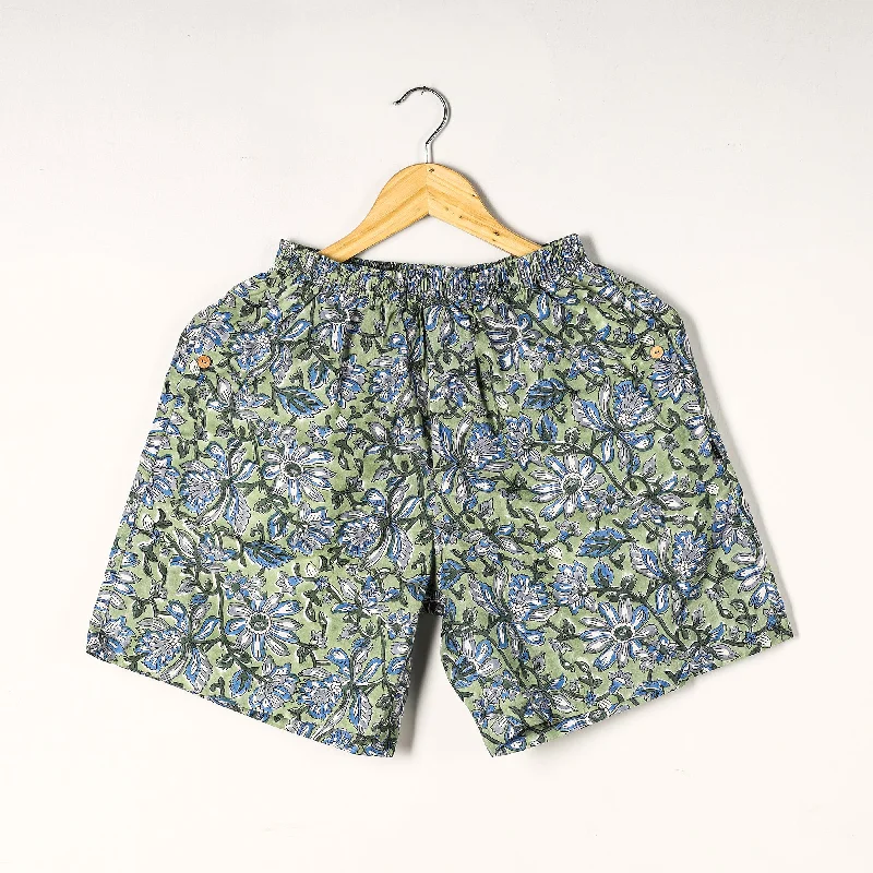 Green - Sanganeri Block Printed Cotton Unisex Boxer/Shorts Elegant Satin Shorts