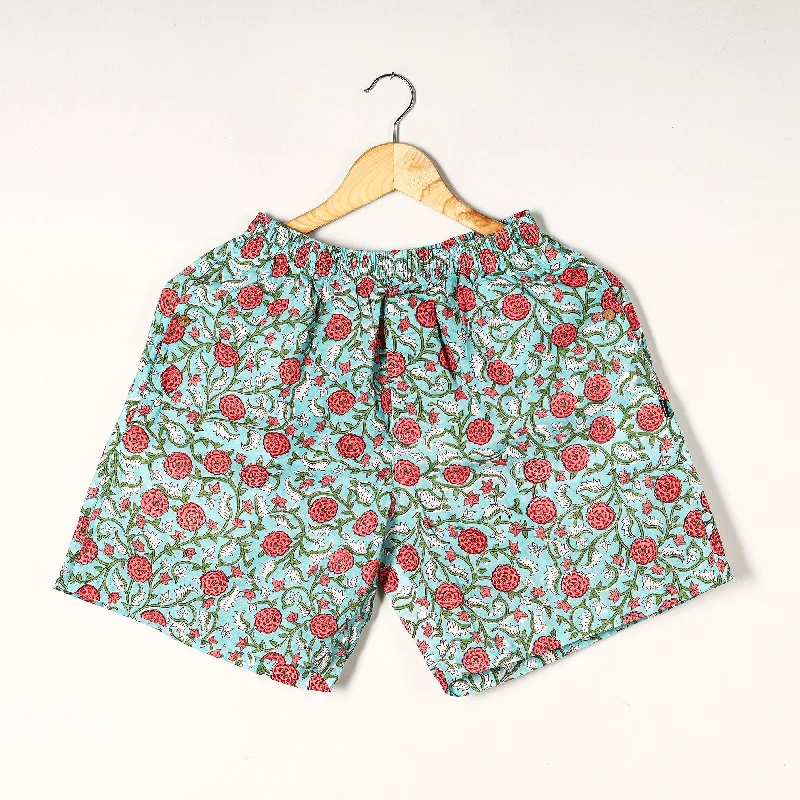 Green - Sanganeri Block Printed Cotton Unisex Boxer/Shorts Printed Cotton Shorts