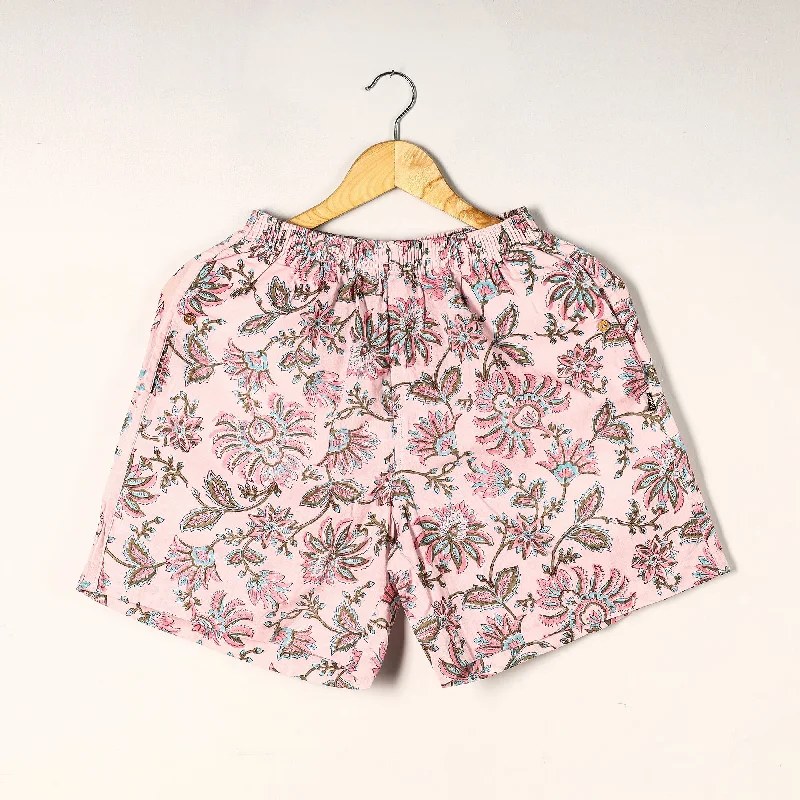 Pink - Sanganeri Block Printed Cotton Unisex Boxer/Shorts Breezy Beach Shorts