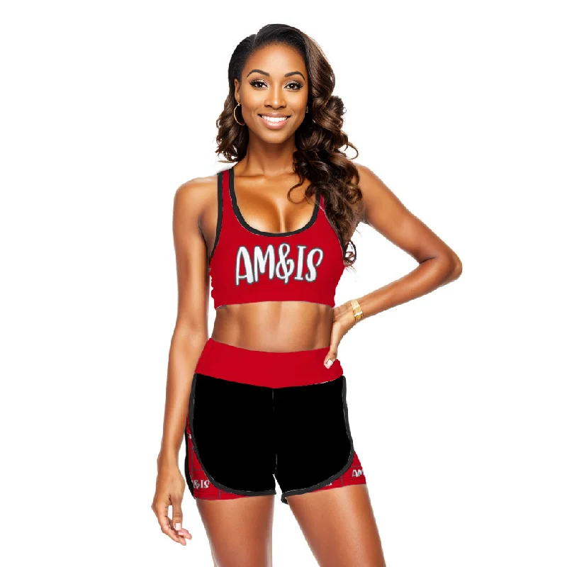 Am&Is Women's Activewear Sport Racerback Bra & Short Set - Red Vacation-Ready Shorts