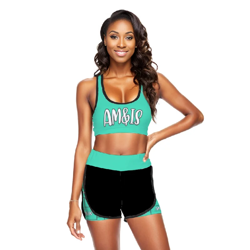 Am&Is Women's Activewear Sport Racerback Bra & Shorts Set - turquoise Stretch High-Waist Shorts