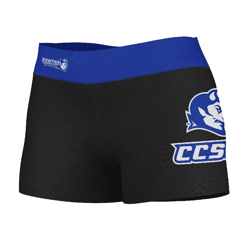 CCSU Blue Devils Logo on Thigh and Waistband Black & Blue Womens Yoga Booty Workout Shorts by Vive La Fete Ultra-Stretch Yoga Shorts